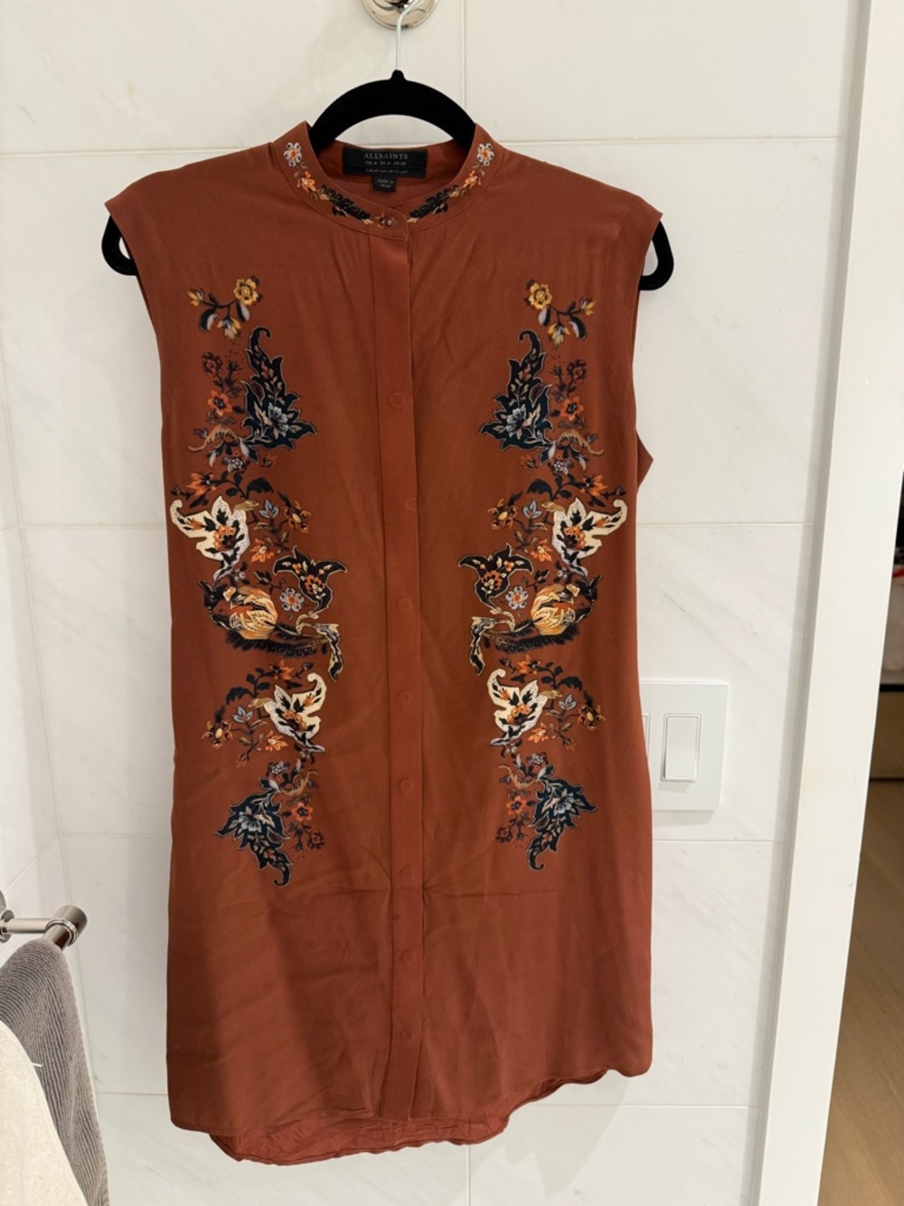 AllSaints 100% Silk Burnt Orange Sleeveless Mini Dress